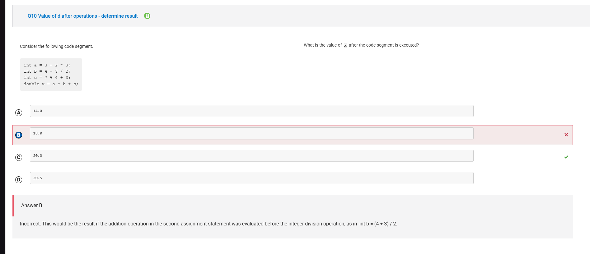 Incorrect Q10 - value after operations